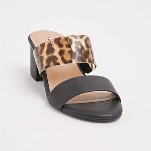 🆕BLACK & LEOPARD FAUX LEATHER BLOCK HEEL SANDAL